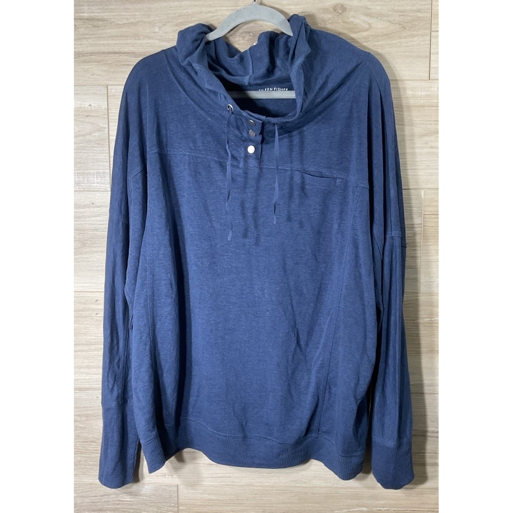 NEW Eileen Fisher Chambray Linen Easy Pullover Top Lightweight Hooded Coastal